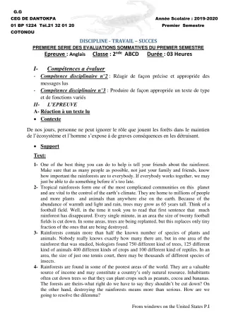 Première page de Anglais 2nde C — 1re évaluation sommative, 1er semestre (2019-2020) · CEG Dantokpa