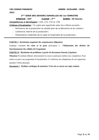 Première page de SVT 3e, 3e ML — 2e devoir surveillé, 1er semestre (2020-2021) · CEG ZONGO