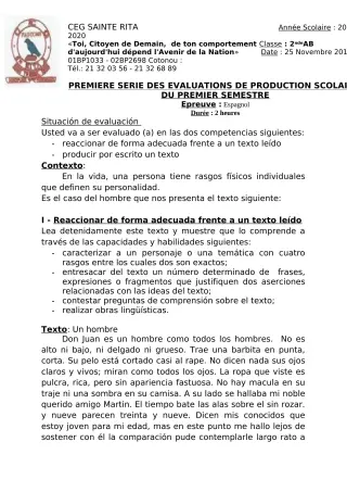 Première page de Espagnol 4e ML, 3e ML, 2nde A2, 2nde B, 1ère A2, 1ère B, Tle A2, Tle B — 1re évaluation sommative, 1er semestre (2019-2020) · CEG Sainte Rita