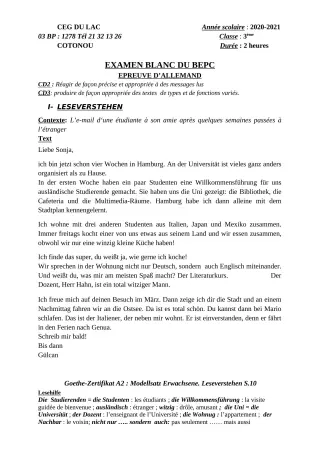 Première page de Examen Blanc de ALLEMAND — 3e ML — CEG du Lac (2020)