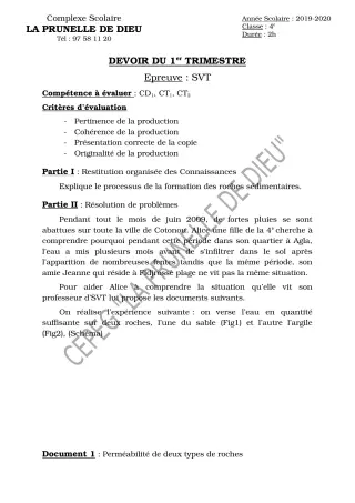 Première page de SVT 4e, 4e ML — Devoir surveillé, 1er trimestre (2019-2020) · CEPG La Prunelle de Dieu