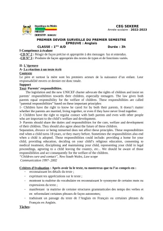 Première page de Anglais 1ère A2, 1ère D — 1er devoir surveillé, 1er semestre (2022-2023) · CEG SEKERE