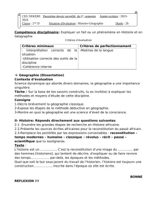 Première page de Histoire-Géographie 2nde D — 2e devoir surveillé, 1er semestre (2023-2024) · CEG SEKERE
