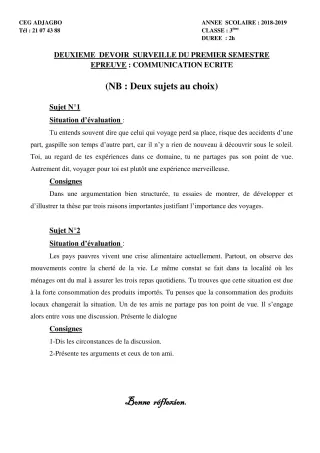 Première page de Français 3e, 3e ML — 2e devoir surveillé, 1er semestre (2018-2019) · CEG ADJAGBO