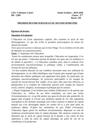 Première page de Français 6e, 5e, 4e, 4e ML, 3e, 3e ML — 1er devoir surveillé, 2e semestre (2019-2020) · CEG3 ABOMEY CALAVI