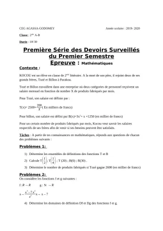 Première page de Mathématiques 2nde A & B — 1er devoir surveillé, 1er semestre (2019-2020) · CEG Agassa Godomey