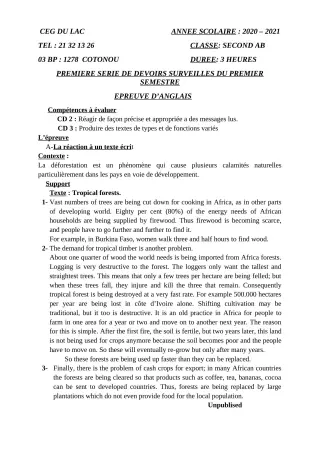 Première page de Anglais 2nde A, 2nde B — 1er devoir surveillé, 1er semestre (2020-2021) · CEG du Lac