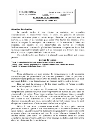 Première page de Français Tle A1, Tle A2 — 1er devoir surveillé, 2e semestre (2018-2019) · CEG OKEDAMA