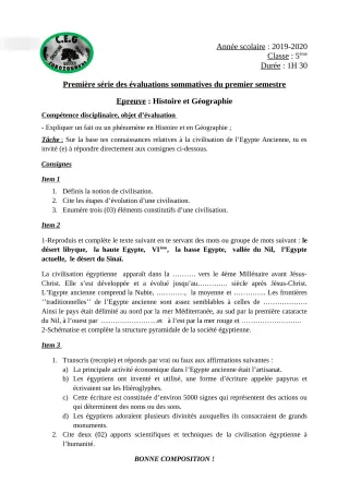 Première page de Histoire-Géographie 5e — 1re évaluation sommative, 1er semestre (2019-2020) · CEG Lobozounkpa