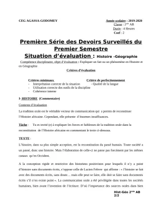 Première page de Histoire-Géographie 2nde A & B, 2nde B — 1er devoir surveillé, 1er semestre (2019-2020) · CEG Agassa Godomey