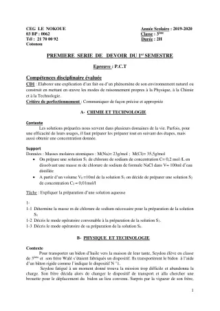 Première page de PCT 3e — 1er devoir surveillé, 1er semestre (2019-2020) · CEG LE NOKOUE