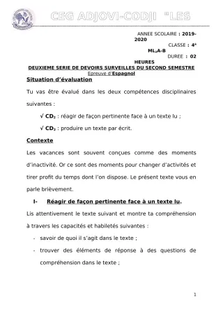 Première page de Espagnol 4e ML — 2e devoir surveillé, 2e semestre (2019-2020) · CEG ADJOVICODJI 'LES OLIVIERS'