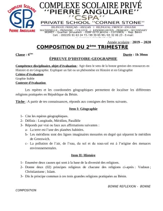 Première page de Histoire-Géographie 6e — Composition (2019-2020) · CPEG PIERRE ANGULAIRE