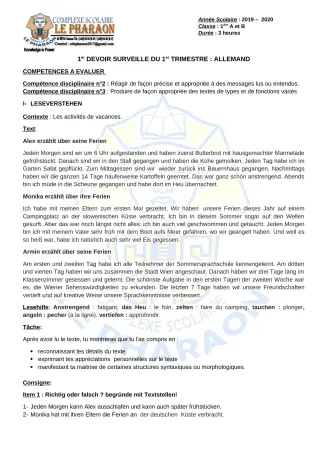 Première page de Allemand 1ère A, 1ère B — 1er devoir surveillé, 1er trimestre (2019-2020) · CPEG LE PHARAON