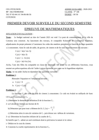 Première page de Mathématiques Tle A1, Tle A2, Tle B — 1er devoir surveillé, 2e semestre (2020-2021) · CEG FIYEGNON