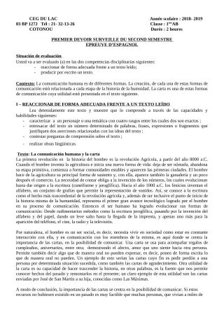Première page de Espagnol 1ère A2, 1ère B — 1er devoir surveillé, 2e semestre (2018-2019) · CEG du Lac