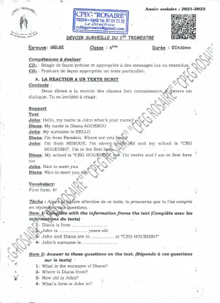 Première page de Histoire-Géographie 6e — Devoir surveillé, 1er trimestre (2021-2022) · CPEG ROSAIRE