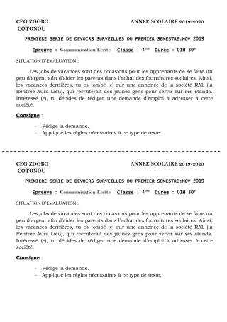 Première page de Français 4e, 4e ML — 1er devoir surveillé, 1er semestre (2019-2020) · CEG ZOGBO