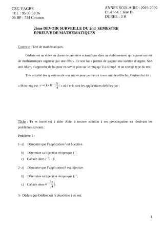 Première page de Mathématiques 1ère D — 2e devoir surveillé, 2e semestre (2019-2020) · CEG Yagbe