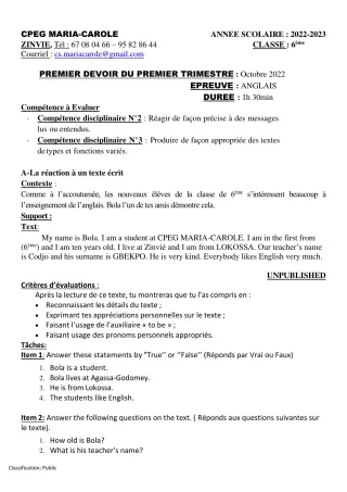 Première page de Anglais 6e — 1er devoir surveillé, 1er trimestre (2022-2023) · CPEG MARIA-CAROLE