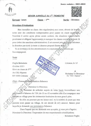 Première page de Français 5e — 2e devoir surveillé, 1er trimestre (2021-2022) · CPEG ROSAIRE