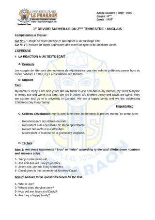 Première page de Anglais 6e — 1er devoir surveillé, 2e trimestre (2019-2020) · CPEG LE PHARAON