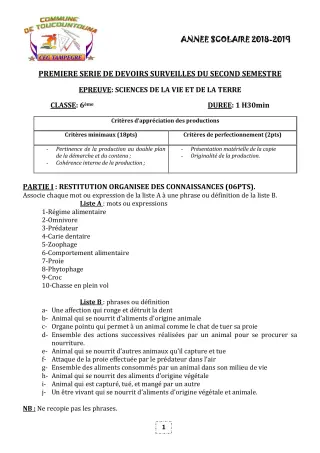 Première page de SVT 6e, 5e, 4e, 4e ML, 3e, 3e ML — 1er devoir surveillé, 2e semestre (2018-2019) · CEG TAMPÈGRÉ