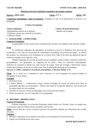 Première page de Histoire-Géographie 2nde A2 — 2e évaluation sommative, 1er semestre (2020-2021) · CEG SEKERE