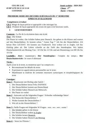 Première page de Allemand 4e, 4e ML — 1er devoir surveillé, 1er semestre (2020-2021) · CEG du Lac