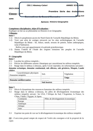 Première page de Histoire-Géographie 5e — 1re évaluation sommative, 2e semestre (2023-2024) · CEG2 ABOMEY - CALAVI (CEG ZOCA)