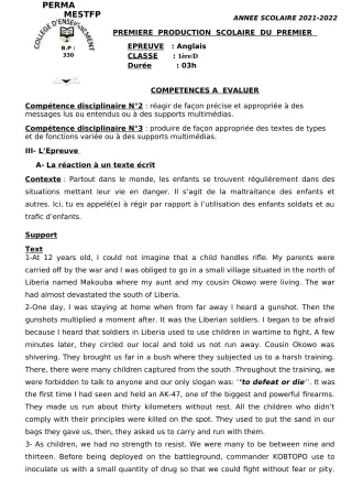 Première page de Anglais 6e, 5e, 4e, 3e, 2nde A, 2nde D, 1ère A, Tle A — 1re production scolaire, 1er semestre (2021-2022) · CEG Perma
