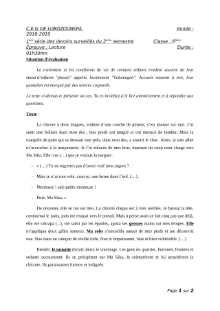 Première page de Français 6e — 1er devoir surveillé, 2e semestre (2018-2019) · CEG Lobozounkpa