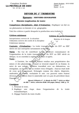 Première page de Histoire-Géographie 4e, 4e ML — Devoir surveillé, 1er trimestre (2019-2020) · CEPG La Prunelle de Dieu