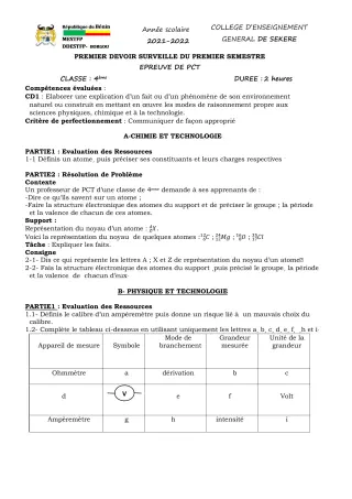 Première page de PCT 4e — 1er devoir surveillé, 1er semestre (2021-2022) · CEG SEKERE