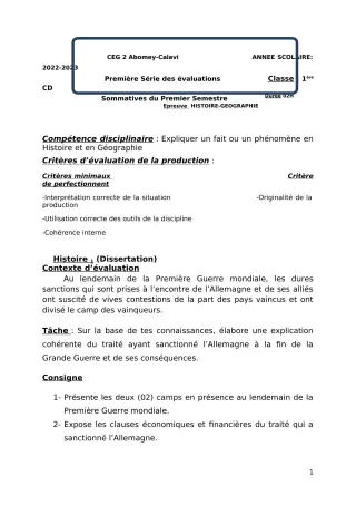 Première page de Histoire-Géographie 1ère C — 1re évaluation sommative, 1er semestre (2022-2023) · CEG2 ABOMEY - CALAVI (CEG ZOCA)