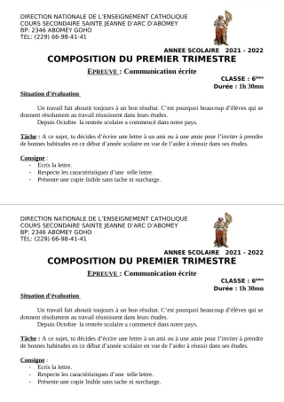 Première page de Français 6e — 2e composition, 1er trimestre (2021-2022) · CPEG Sainte Jeanne d'ARC