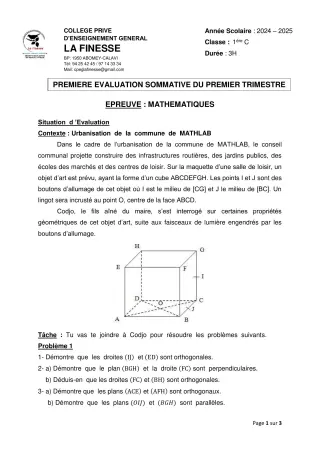 Première page de Mathématiques 1ère C — 1re évaluation sommative, 1er trimestre (2024-2025) · CPEG La Finesse