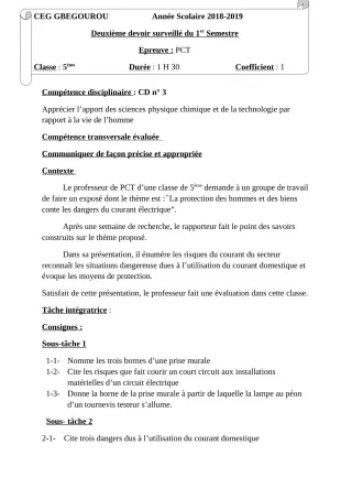 Première page de PCT 5e — 2e devoir surveillé, 1er semestre (2018-2019) · CEG Gbegourou