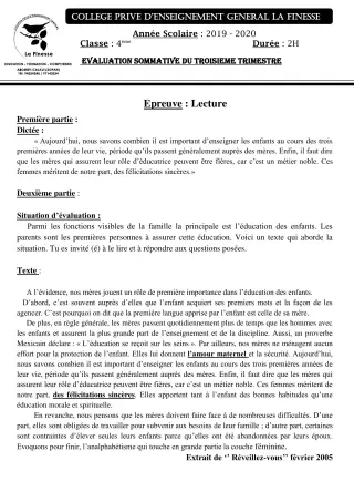Première page de Français 4e — Évaluation sommative, 3e trimestre (2019-2020) · CPEG La Finesse