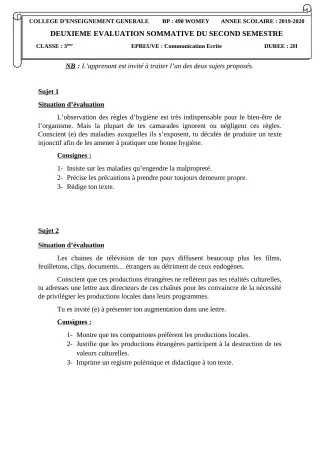 Première page de Français 3e — 2e évaluation sommative, 2e semestre (2019-2020) · CEG Tankpè
