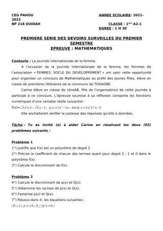 Première page de Mathématiques 1ère A1, 1ère A2 — 1er devoir surveillé, 1er semestre (2021-2022) · CEG PAHOU
