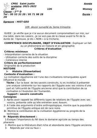 Première page de Histoire-Géographie 2nde D — 1er devoir surveillé, 3e trimestre (2021-2022) · CPEG SAINT Justin