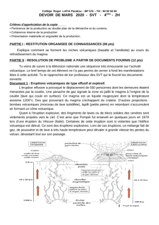 Première page de SVT 4e — Devoir surveillé (2019-2020) · CPEG Roger LAFIA
