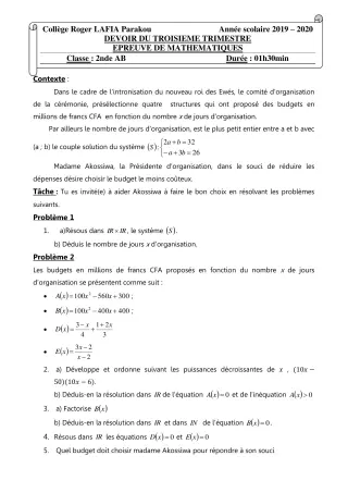Première page de Mathématiques 2nde A1, 2nde A2, 2nde B — Devoir surveillé, 3e trimestre (2019-2020) · CPEG Roger LAFIA