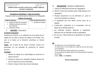 Première page de Histoire-Géographie 2nde C, 2nde D — 1er devoir surveillé, 1er semestre (2018-2019) · CEG Banikanni