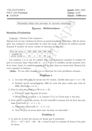 Première page de Mathématiques 2nde C — 1er devoir surveillé, 2e semestre (2020-2021) · CEG Dantokpa