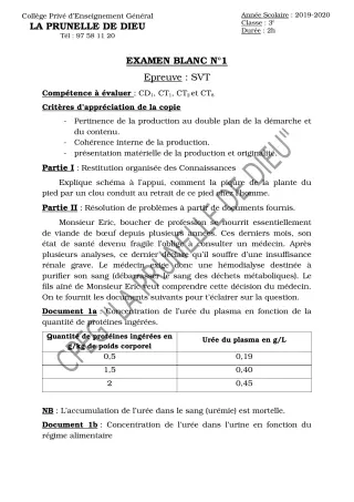 Première page de Examen Blanc de SVT — 3e, 3e ML — CEPG La Prunelle de Dieu (2019)
