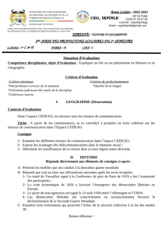 Première page de Histoire-Géographie 5e, 1ère C, 1ère D — 2e production scolaire, 1er semestre (2022-2023) · CEG1 Ikpinlè