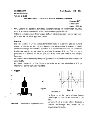 Première page de PCT 5e — 1re production scolaire, 1er semestre (2019-2020) · CEG SEGBEYA