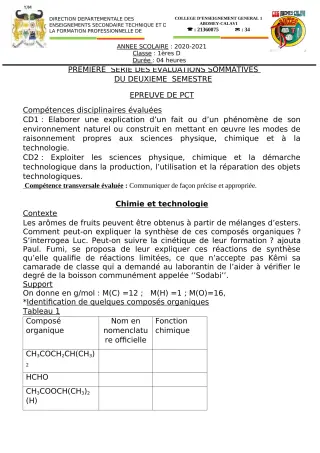 Première page de PCT 1ère D — 1re évaluation sommative, 2e semestre (2020-2021) · CEG1 Abomey-Calavi